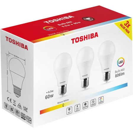 3PAK LED žiarovka E27 A60 8,5W = 60W 806lm 3000K teplá biela TOSHIBA