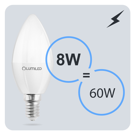 LED žiarovka E14 sviečka B35 8W = 60W 806lm 3000K teplá biela 180° LUMILED