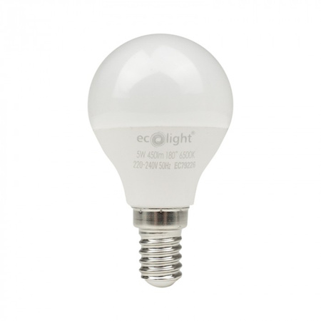 LED žiarovka guľka P45 E14 5W 450lm 6500K studená biela Ecolight
