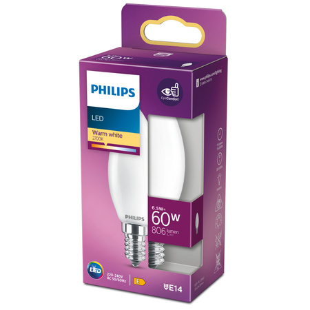 LED žiarovka E14 sviečka B35 6,5W = 60W 806lm 2700K teplá biela FILAMENT LED Classic Philips