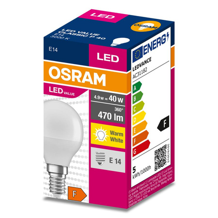 LED žiarovka P45 guľka E14 4,9W = 40W 470lm 3000K teplá biela 200° VALUE CLASSIC Osram