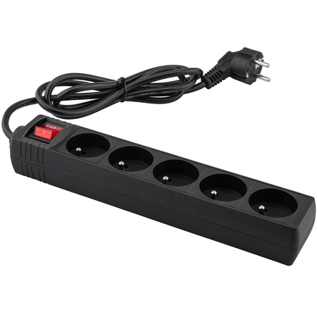 Sieťový predlžovací kábel Zástrčka - 5x zásuvka s uzemnením a vypínačom Napájacia lišta 1,5m 3x1mm 13A čierna