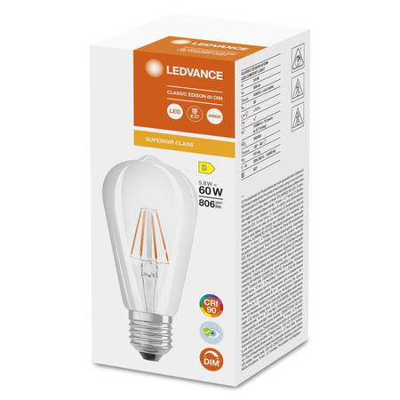 LED Edison E27 ST64 5,8W = 60W 806lm 4000K neutrálna biela 300° CRI90 Stmievateľná žiarovka Ledvance