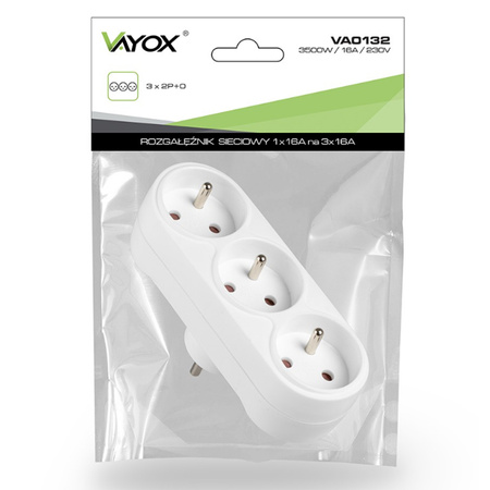 Rozdeľovač elektrickej siete 3x 2P+0 Zlodej 3 zásuvky s uzemnením VAYOX