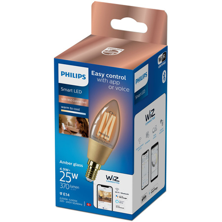 LED žiarovka E14 sviečka C35 4,9W = 25W 370lm 2000-5000K TW FILAMENT Amber Smart SMART WiFi Bluetooth App WiZ Philips