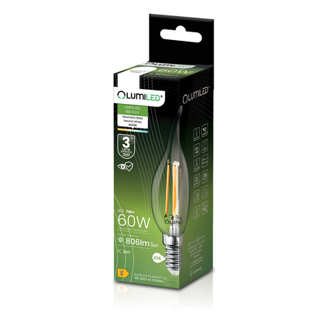 LED žiarovka E14 sviečka BA35 7W = 60W 806lm 4000K neutrálna biela 360° FILAMENT LUMILED