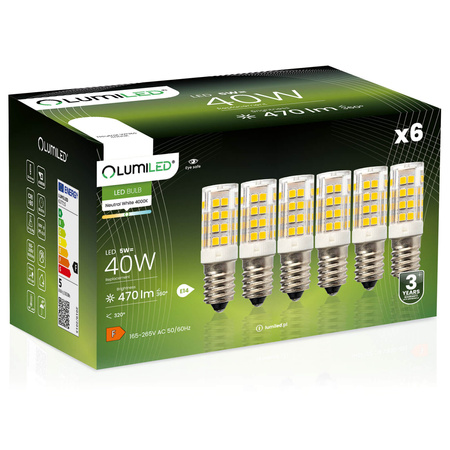 6x LED žiarovka do chladničky T25 E14 5W = 40W 470lm 4000K neutrálna biela 320° LUMILED