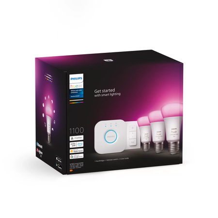 3x LED žiarovka E27 A60 11W = 75W 1055lm 2000-6500K CCT + RGB SMART Smart Bluetooth ZigBee White and Color Ambiance + Bridge Bridge + PILOT ovládač Philips HUE Starter Kit