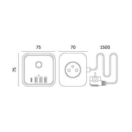 Predlžovací kábel Zástrčka 3x uzemnená zásuvka Napájací pásik 3x USB-C Vypínač 1,5 m biely Linea Pro Cube Kobi