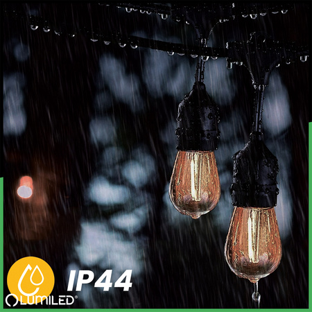 Záhradná vonkajšia svetelná reťaz Girland 20m 40x žiarovky E27 1,3W 2200K MALUS Lumiled