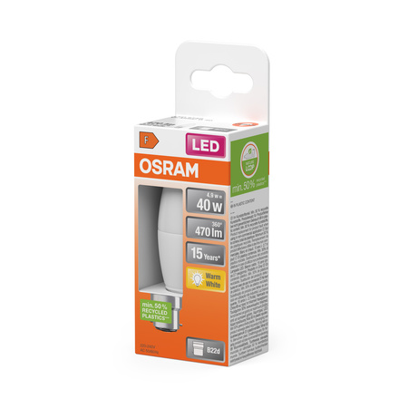 LED žiarovka B37 sviečka B22d 4,9W = 40W 470lm 2700K teplá biela 200° STAR CLASSIC Osram