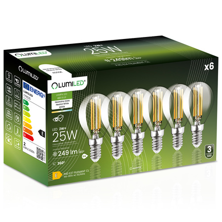 6x LED žiarovka E14 Ball P45 2W = 25W 249lm 4000K Neutral 360° FILAMENT LUMILED