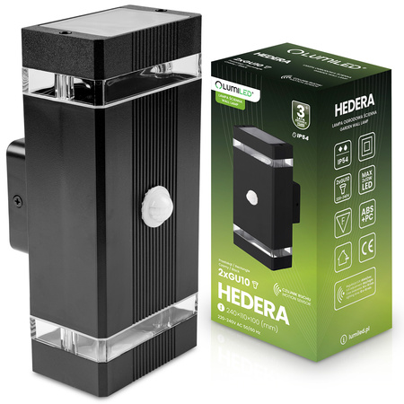 Záhradné nástenné svietidlo zhora nadol 2x GU10 Black Senzor pohybu a súmraku HEDERA LUMILED