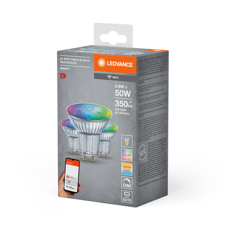 LED GU10 reflektorová žiarovka 4,9W = 50W 350lm CCT RGB stmievateľná SMART+ WiFi Ledvance