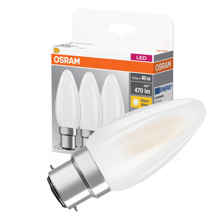 3x LED žiarovka B35 sviečka B22d 4W = 40W 470lm 2700K teplá biela 300° BASE Osram