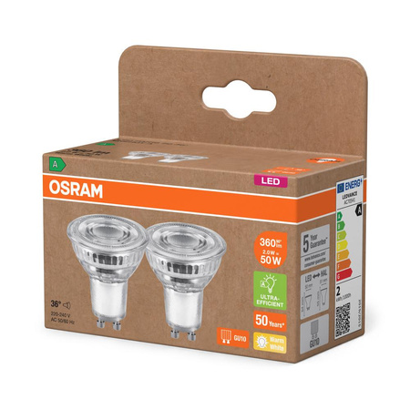2x LED PAR16 reflektor GU10 2W = 50W 360lm 2700K, teplá biela 36° 180lm/W ENERGY EFFICIENCY Osram