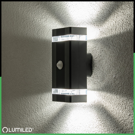Záhradné nástenné svietidlo zhora nadol 2x GU10 Black Senzor pohybu a súmraku HEDERA LUMILED