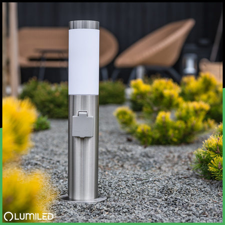 Vonkajšie záhradné svietidlo E27 INOX PIPE 45cm s 230V zásuvkou Lilium Lumiled