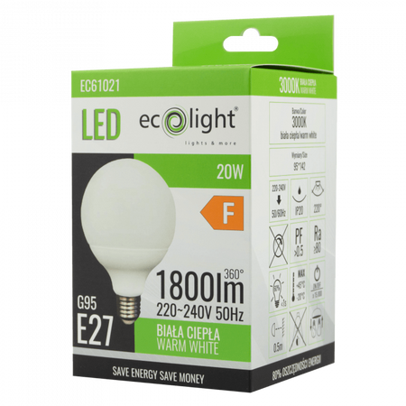 LED žiarovka Sphere G95 E27 20W 1800lm 3000K teplá biela Ecolight