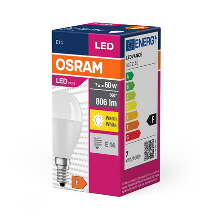 LED žiarovka P45 guľka E14 6,5W = 60W 806lm 2700K teplá biela 150° VALUE CLASSIC Osram