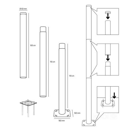 SG 3m Fi 60mm Black Kobi Skladací stĺp vonkajšieho osvetlenia