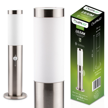 Vonkajšia záhradná lampa Lilium LUMILED E27 INOX SHEET 45 cm so senzorom pohybu