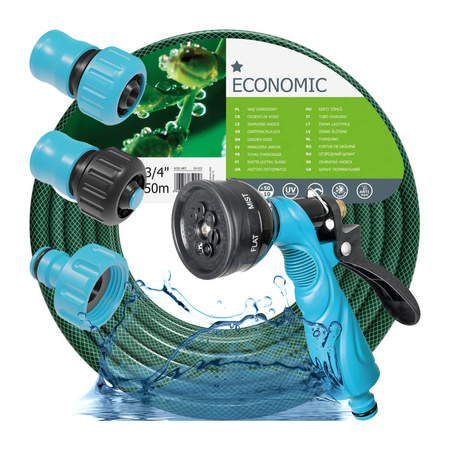 Súprava záhradnej hadice na vodu 3/4" 50 m, postrekovacia pištoľ, prípojka so závitom, rýchlospojka STOP, priechodná rýchlospojka 3/4" CELLFAST