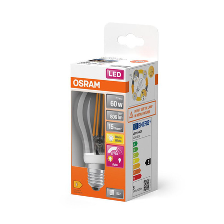LED žiarovka A60 E27 7,3W = 60W 806lm 2700K teplá biela 320° vlákno so senzorom pohybu Classic Osram