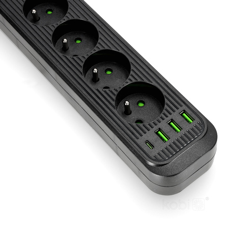 Sieťový predlžovací kábel 4x uzemnená zásuvka USB Power Strip On/Off Switch 5m Black Connecto Kobi
