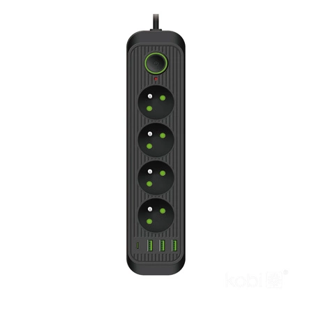 Sieťový predlžovací kábel 4x uzemnená zásuvka USB Power Strip On/Off Switch 5m Black Connecto Kobi