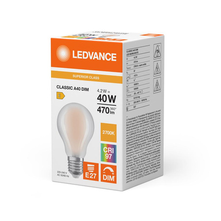 LED žiarovka E27 A60 4,2W = 40W 470lm 2700K teplá biela 320° CRI97 Stmievateľná Ledvance