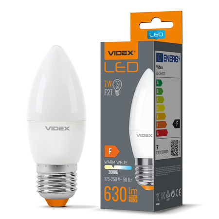 LED žiarovka E27 C37 sviečka 7W = 50W 630lm 3000K teplá biela 220° Videx