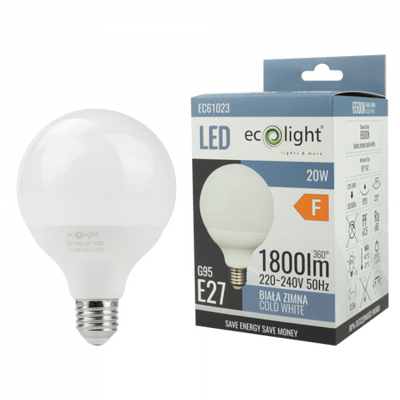 LED žiarovka Sphere G95 E27 20W 1800lm 6500K studená biela Ecolight
