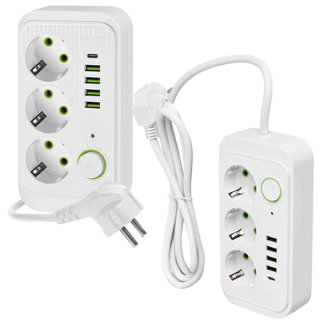 Predlžovací kábel Zástrčka 3x uzemnená zásuvka Napájací pásik 4x USB-C USB vypínač 1,5 m biely Linea Pro Kobi