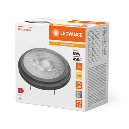 LED žiarovka G53 reflektor AR111 7,4W = 50W 450lm 3000K teplá biela 24° CRI97 12V Stmievateľná Ledvance