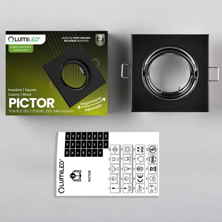 Svietidlo HALOGEN na zapustenú montáž Pohyblivé štvorcové svietidlo PICTOR Black Sheet MR16 GU10