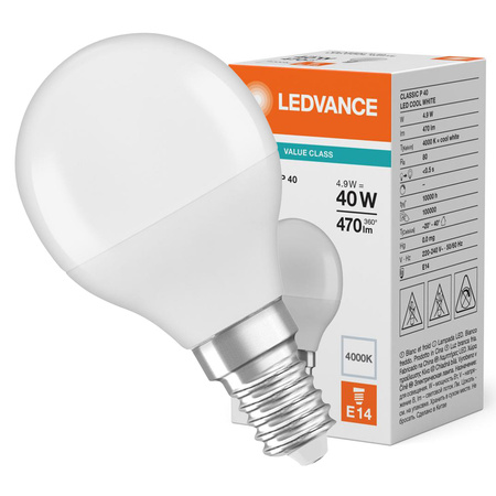 LED žiarovka guľová E14 P45 4,9W = 40W 470lm 4000K neutrálna biela 180° Ledvance