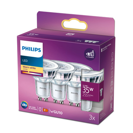 3x LED GU10 reflektor PAR16 3,5W = 35W 255lm 2700K, teplá biela 36° LED Classic Philips