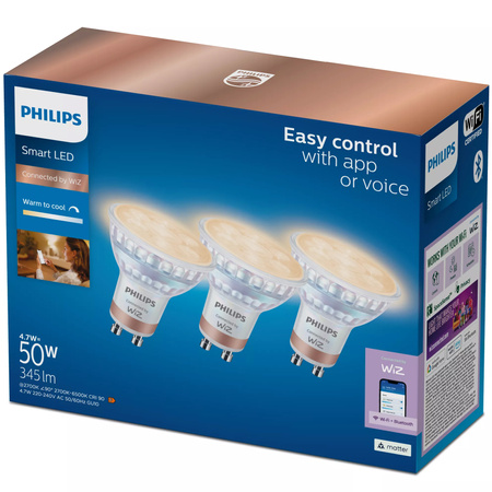 3x LED GU10 reflektor PAR16 4,7W = 50W 345lm 2700-6500K TW Smart SMART WiFi Bluetooth App WiZ Philips