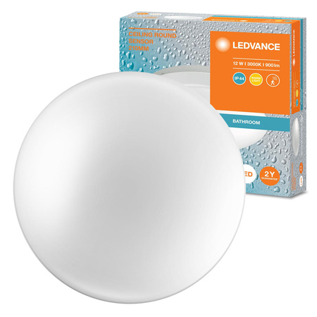 Stropný LED plafón 12W 900lm 3000K, teplá biela IP44 biely so zvukovým senzorom Strop Ledvance