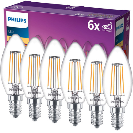 6x LED žiarovka E14 sviečka B35 4,3W = 40W 470lm 2700K teplá biela FILAMENT LED Classic Philips