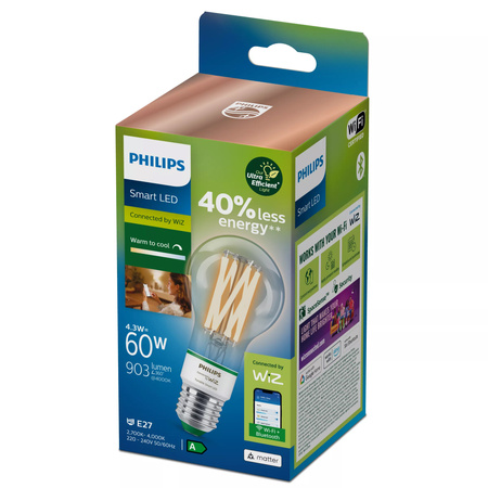LED žiarovka E27 A60 4,3W = 60W 903lm 2700-4000K TW FILAMENT UltraEfficient Smart SMART WiFi Bluetooth App WiZ Philips