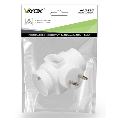 Rozdeľovač elektrickej siete 1x Euro 2P + 2x 2P+0 Zlodej 3 zásuvky s uzemnením VAYOX