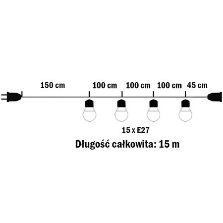 Záhradná vonkajšia svetelná reťaz Girland 15m 15xE27 + LED žiarovky 2W 3000K Lumiled