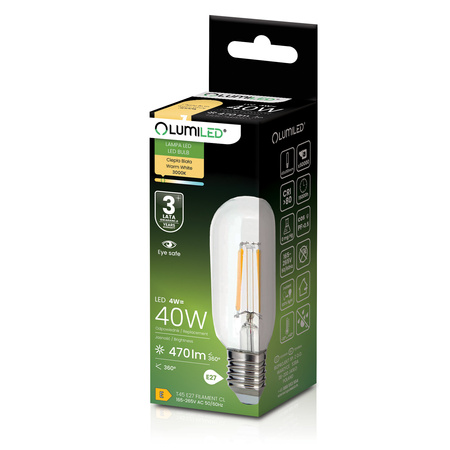 LED žiarovka E27 T45 FILAMENT 4W = 40W 470LM 3000K teplá biela 360° Dekoratívna LUMILED