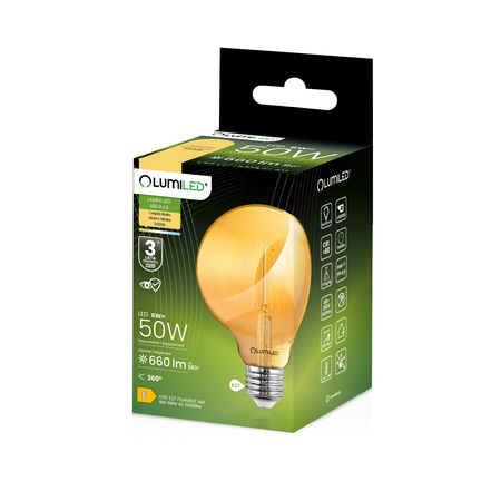 LED žiarovka E27 Sphere G95 6W = 50W 660lm 2000K teplá biela 360° BURRITON FILAMENT LUMILED