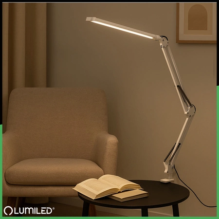 Stolová kresliaca lampa LED 8W CCT USB stmievateľná COSMI biela s luminiscenčnou rukoväťou