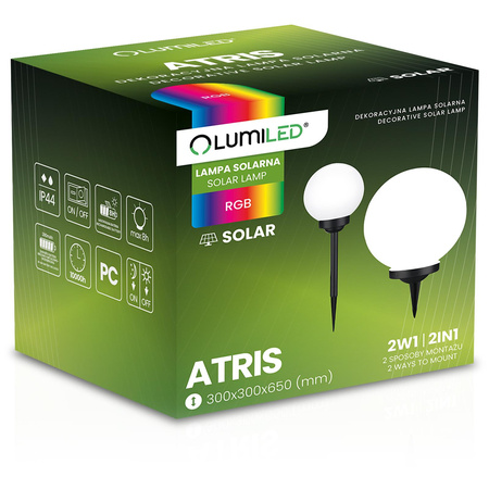 LED ATRIS Solárne záhradné svietidlo poháňané nadzemnou bielou guľou 30 cm RGB LUMILED