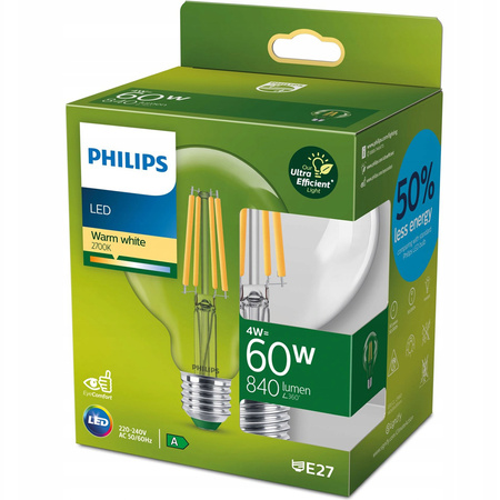 LED žiarovka E27 Sphere G95 4W = 60W 840lm 210lm/W 2700K teplá biela 300° CLASS A UltraEfficient Philips