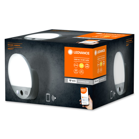 Vonkajšia záhradná nástenná lampa 15W 950lm 3000K, teplá biela so senzorom pohybu a svetla HD kamera Stmievateľná IP44 Sivá SMART+ WiFi kamera Ledvance
